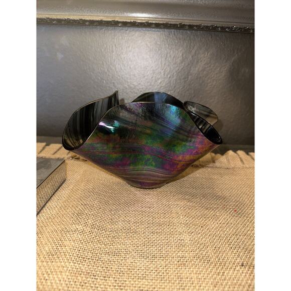 Vintage HAND BLOWN ART GLASS IRIDESCENT HANDKERCHIEF CANDLE HOLDER Vase EUC - Picture 3 of 16
